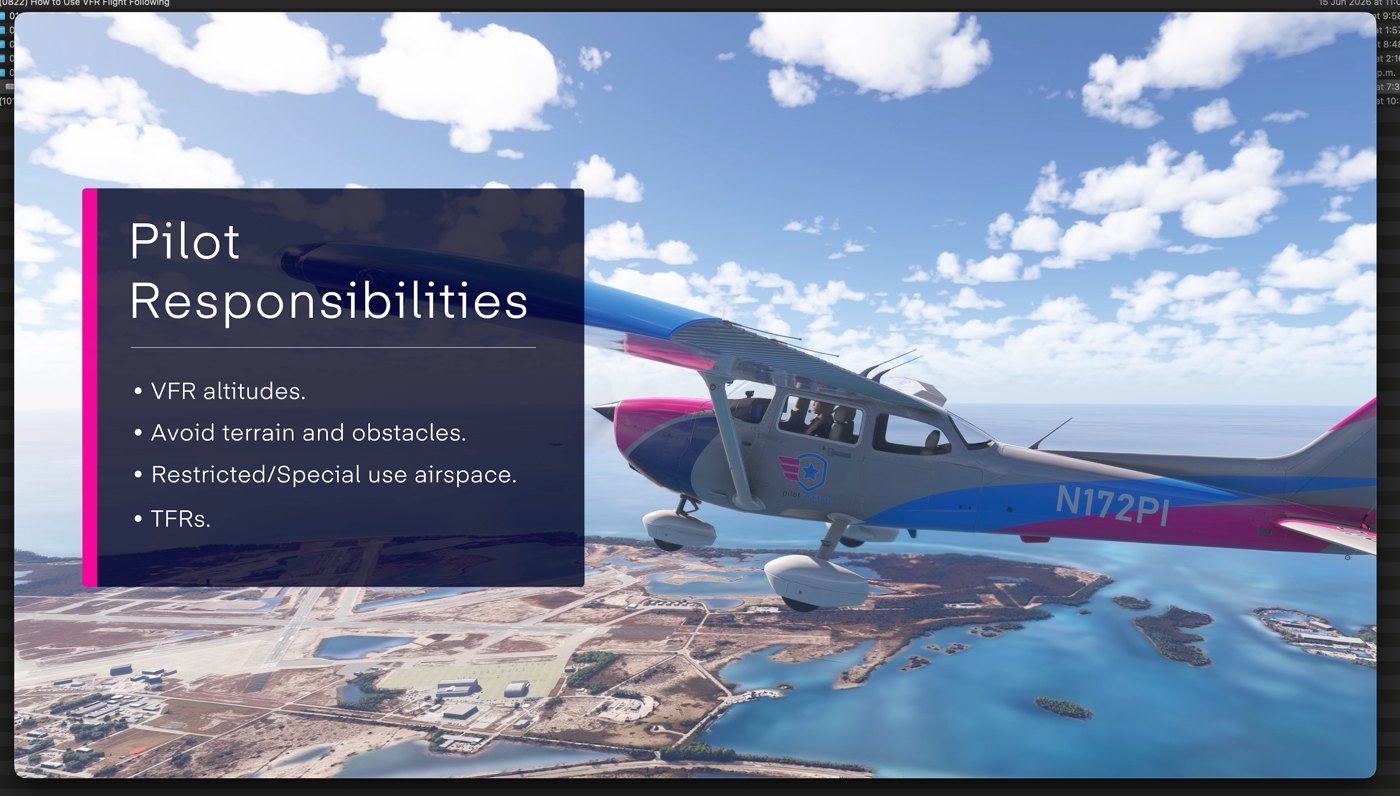 Pilot Institute info text with title and bullet points over flight footage